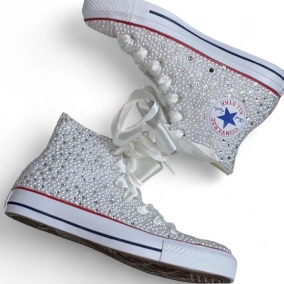 Diamonds & Pearls High Top Converse Sizes 5-14 New With Ribbon Laces - Picture 3 of 12